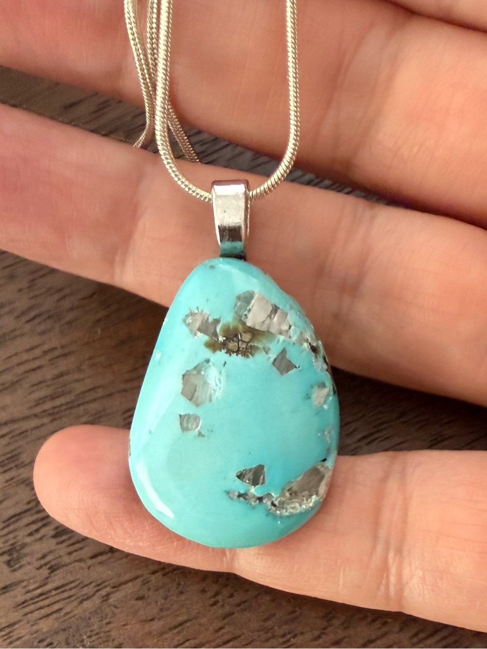 Natural turquoise pendant silver tone snake chain Necklace
